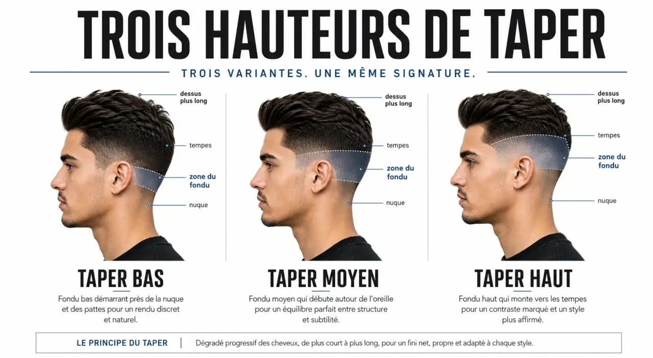 Design taper homme : comparaison visuelle low taper, mid taper et high taper