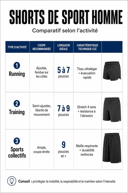 Infographie comparative des types de shorts de sport pour hommes selon l'activité