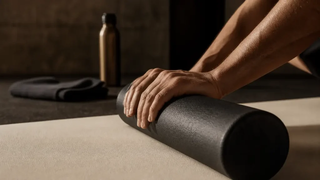 Foam roller sur tapis pour auto-massage du haut du dos