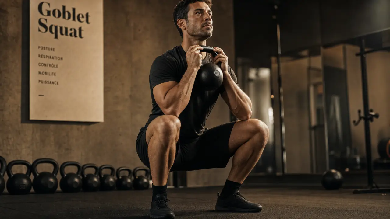 Goblet squat : buste droit, genoux dans l’axe, kettlebell gobelet