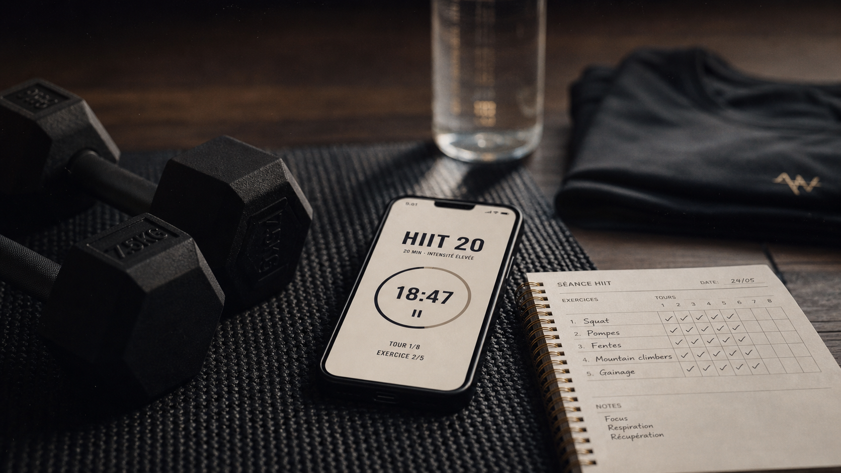 Maigrir par le sport programme HIIT 300 minutes, minuteur et haltères