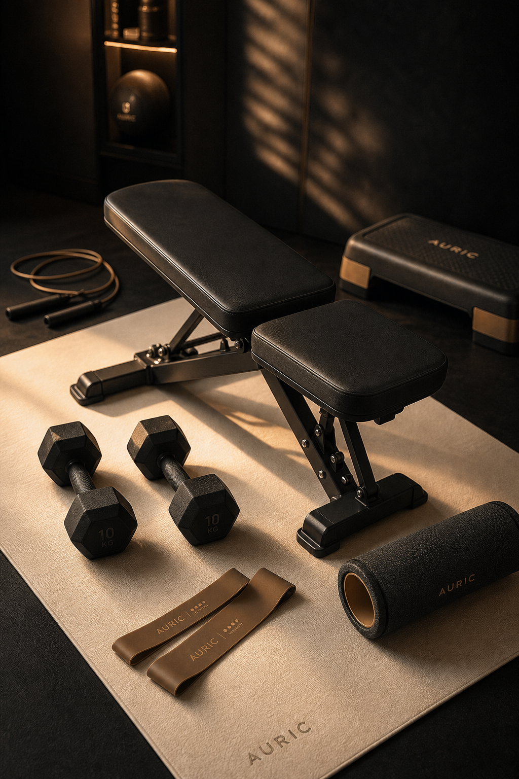 Materiel sport maison : banc, haltères et tapis