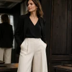 Morphologie en V : adoucir les épaules avec un col V et veste ouverte