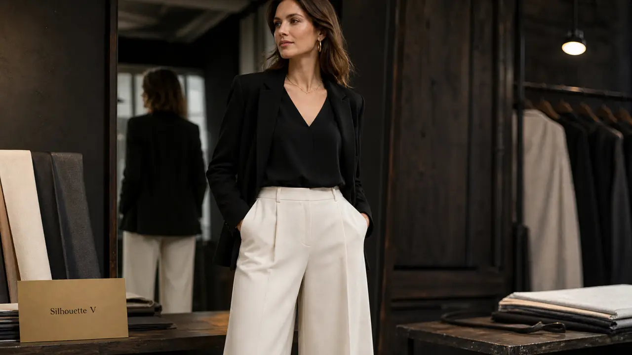 Morphologie en V : adoucir les épaules avec un col V et veste ouverte