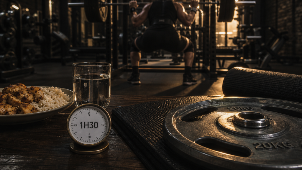 Muscu apres manger : salle de musculation et minuteur avant entraînement