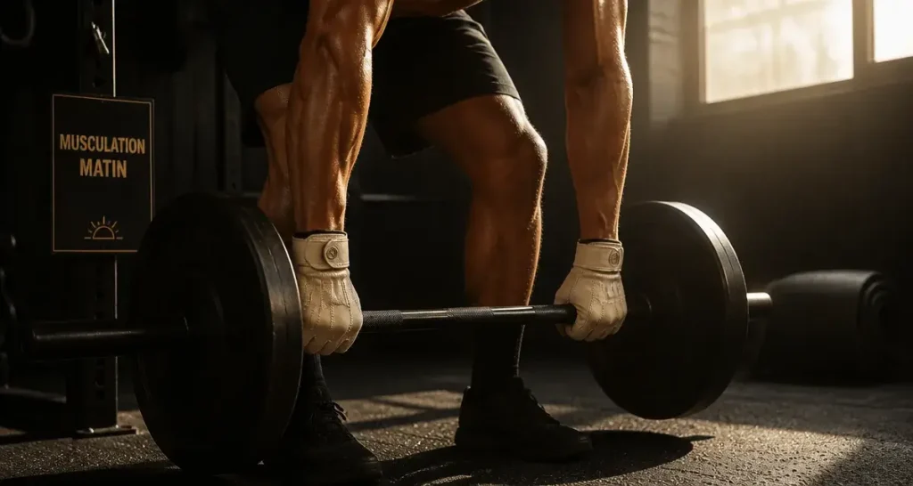 Musculation le matin en salle de sport, homme prêt à soulever
