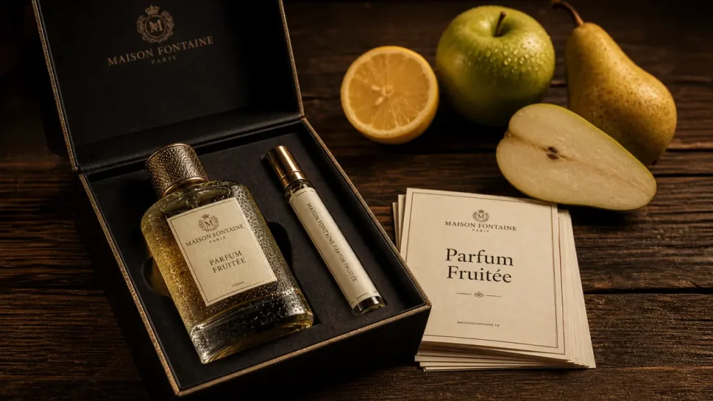 Parfum fruité homme : flacon avec agrumes et coffret ouvert