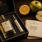 Parfum fruité homme : flacon avec agrumes et coffret ouvert