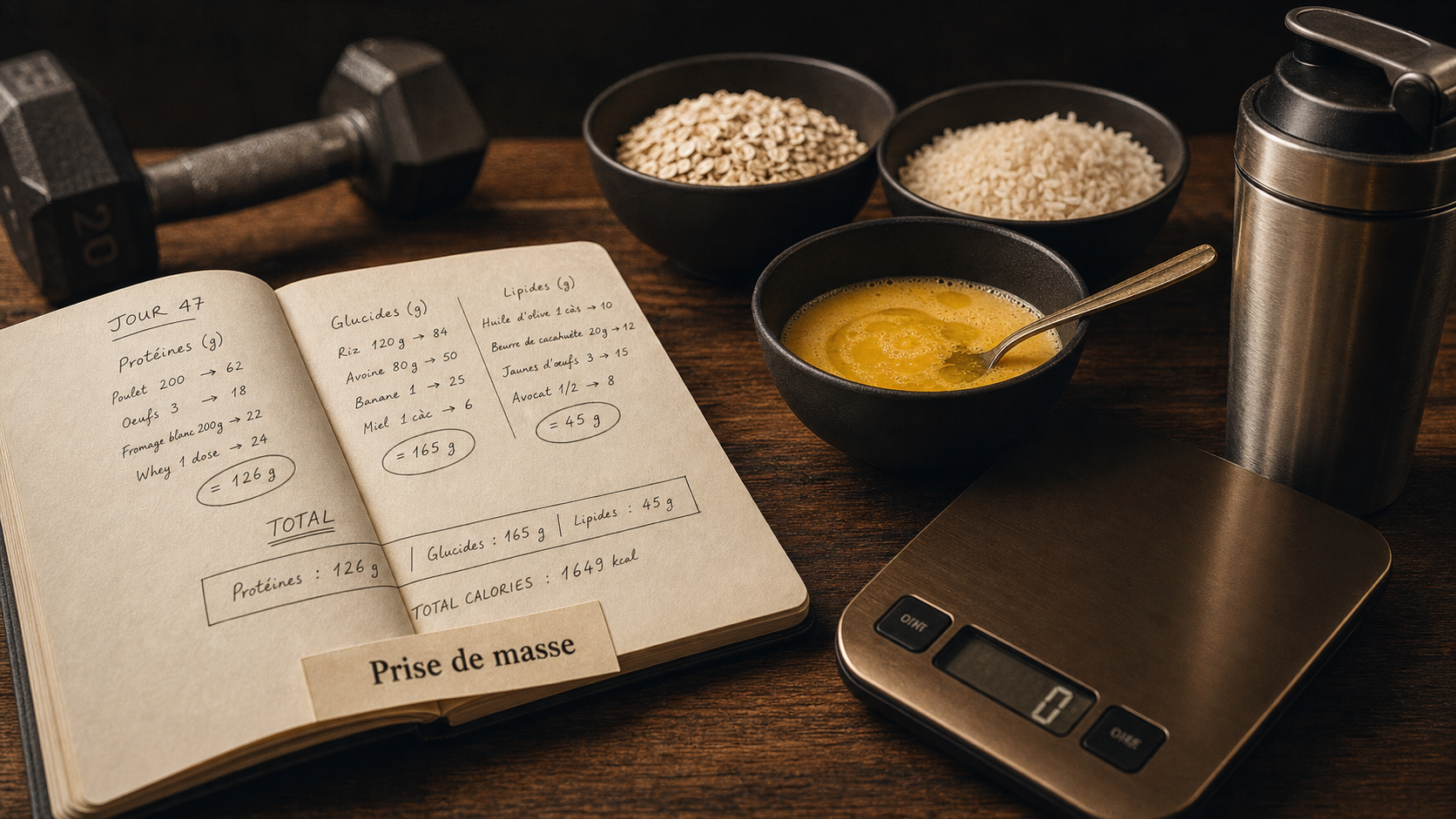 Prise de masse musculaire aliments : carnet et apports sur table bois, flocons et riz