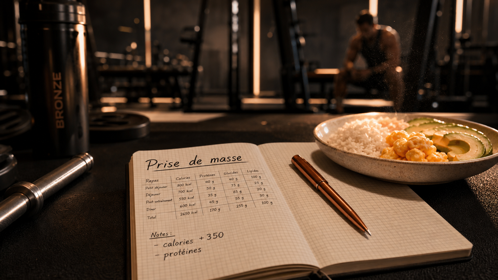 Prise rapide de masse musculaire : carnet calories + protéines et assiette fitness
