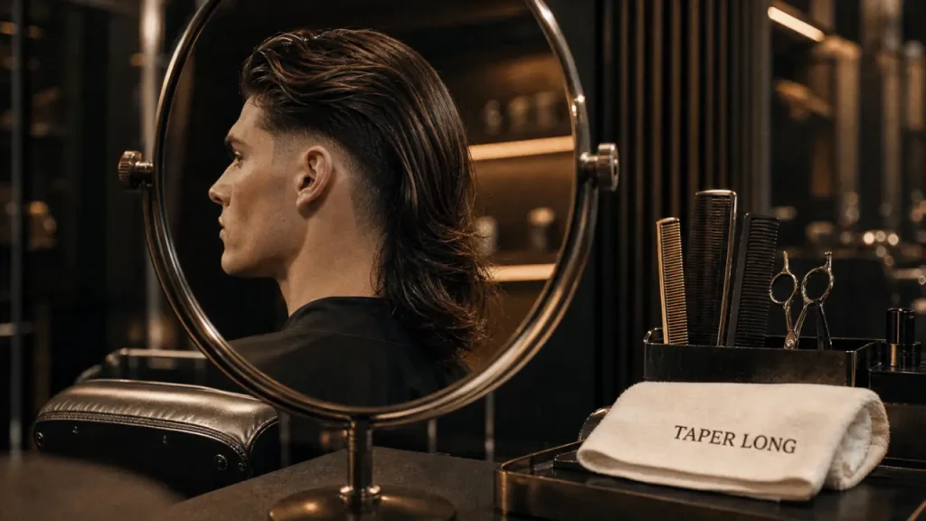 Taper cheveux longs : low mid high sur tempes et nuque en salon de coiffure