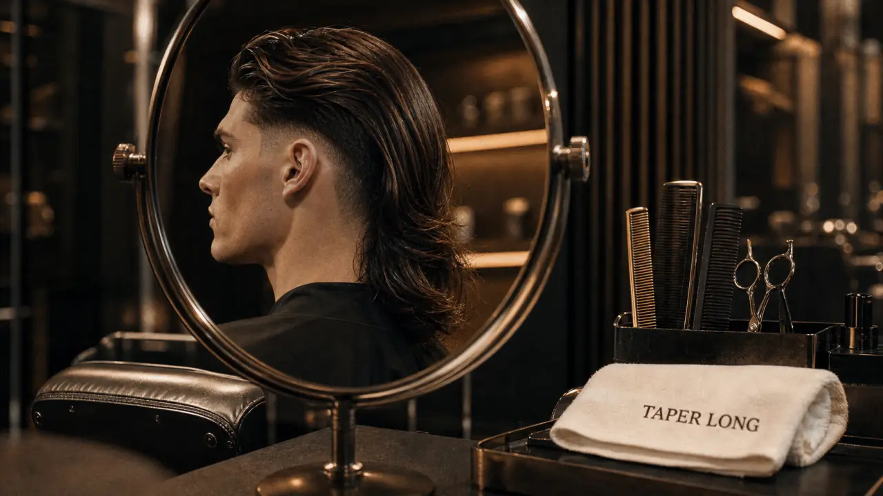 Taper cheveux longs : low mid high sur tempes et nuque en salon de coiffure