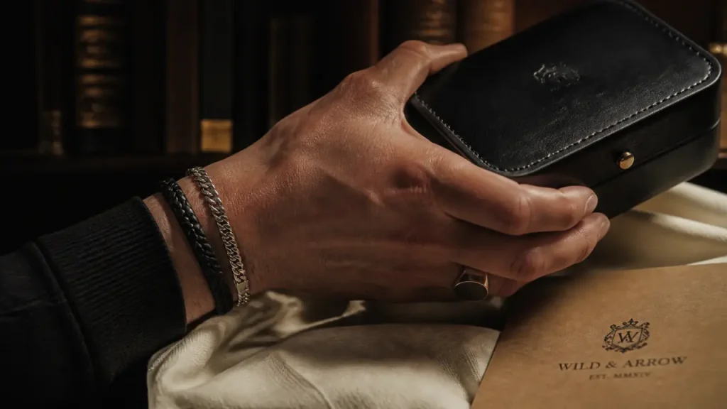 Bijoux fantaisie pour homme : bracelet cuir et bague sur poignet masculin