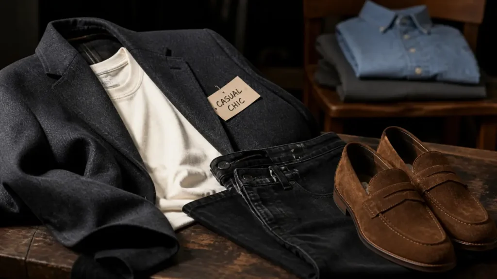 Casual chic homme : blazer anthracite, t-shirt ivoire et mocassins daim