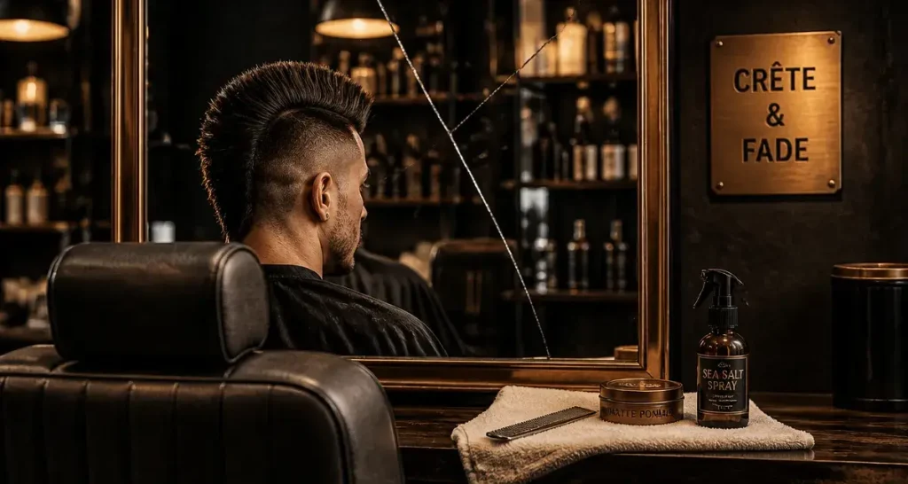 Coupe de cheveux crete en barbier : crête iroquoise, burst fade, miroir boutique
