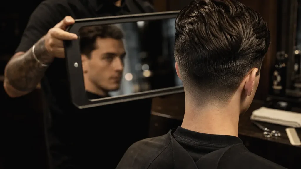 Coupe de cheveux nom : fade taper undercut, nuque au miroir