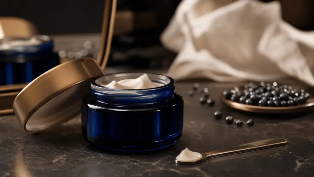 Crème caviar luxe visage : pot cosmétique bleu cobalt et crème ivoire veloutée