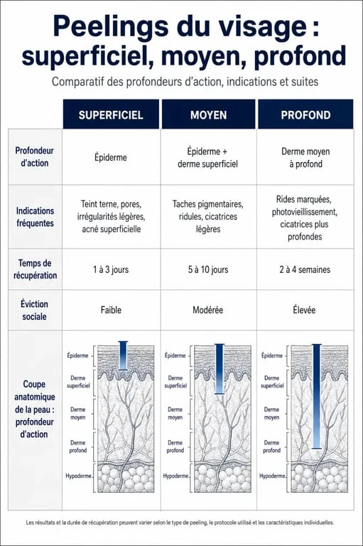 Soin du visage peeling : comparatif visuel des peelings superficiel, moyen et profond