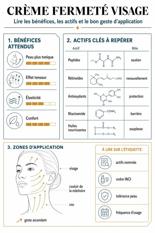 Infographie sur la crème fermeté visage : actifs, bénéfices et zones d’application
