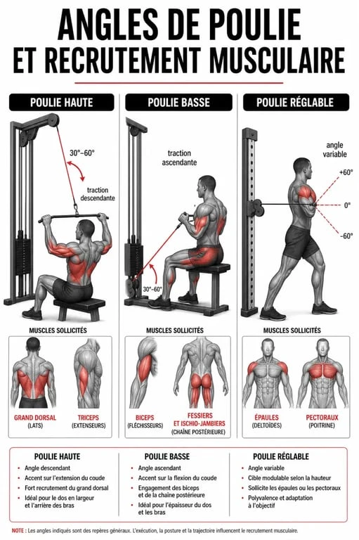 Musculation poulie : schéma comparatif des positions haute, basse et réglable et des muscles sollicités
