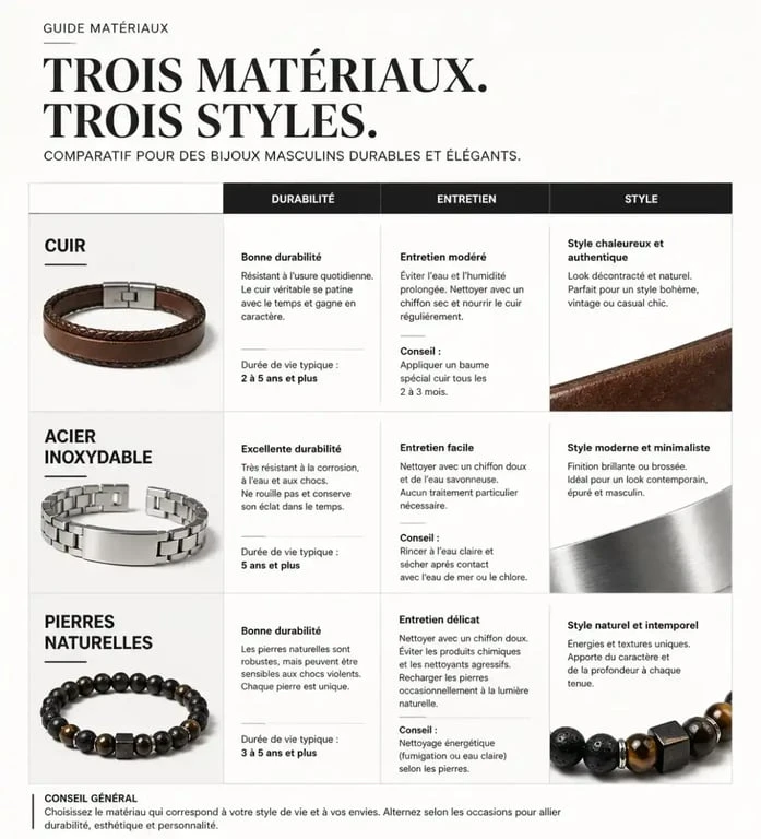 Infographie comparative des matériaux pour bijoux fantaisie pour homme : cuir, acier et pierres