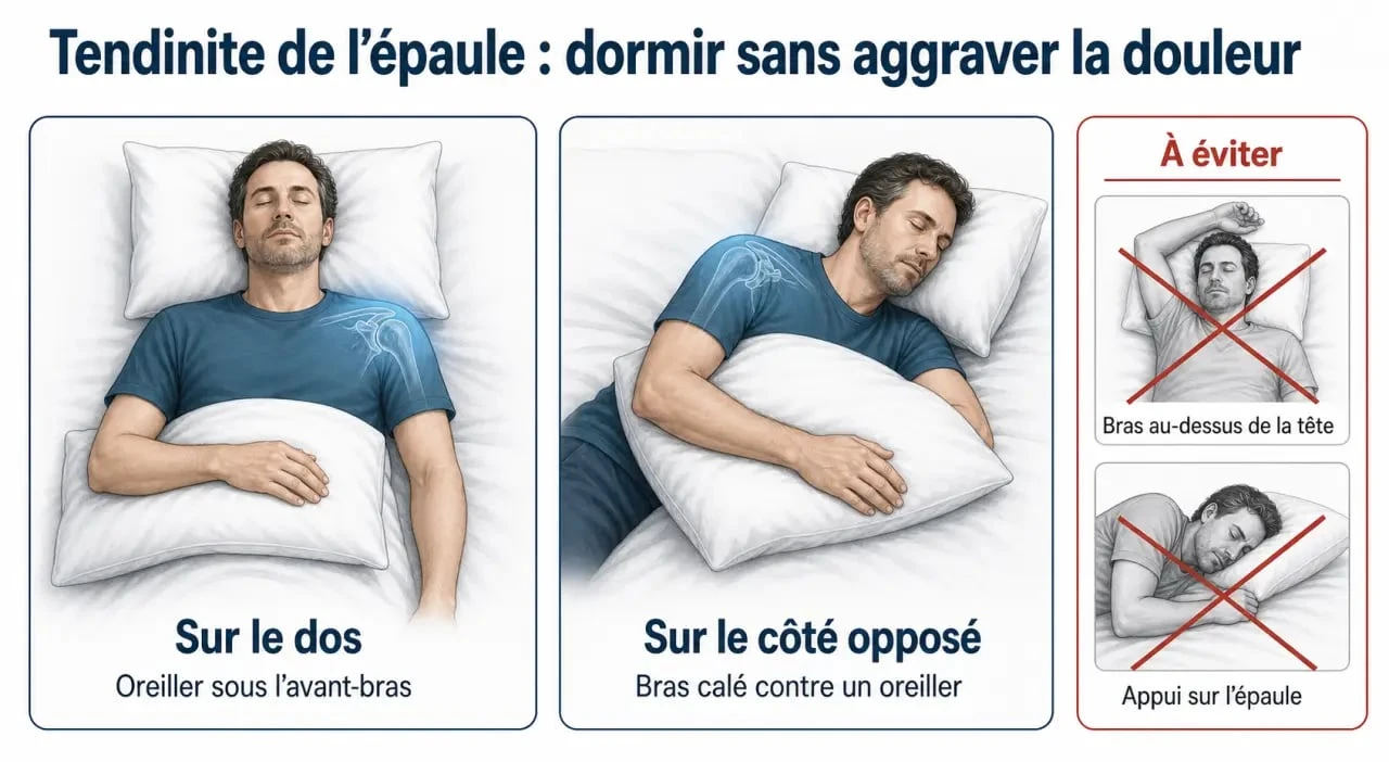 Position pour soulager tendinite épaule : positions recommandées pour dormir sur le dos ou sur le côté avec soutien du bras