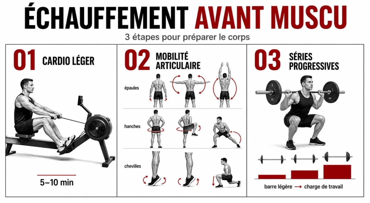 Échauffement avant muscu en trois phases avec cardio, mobilité et séries progressives