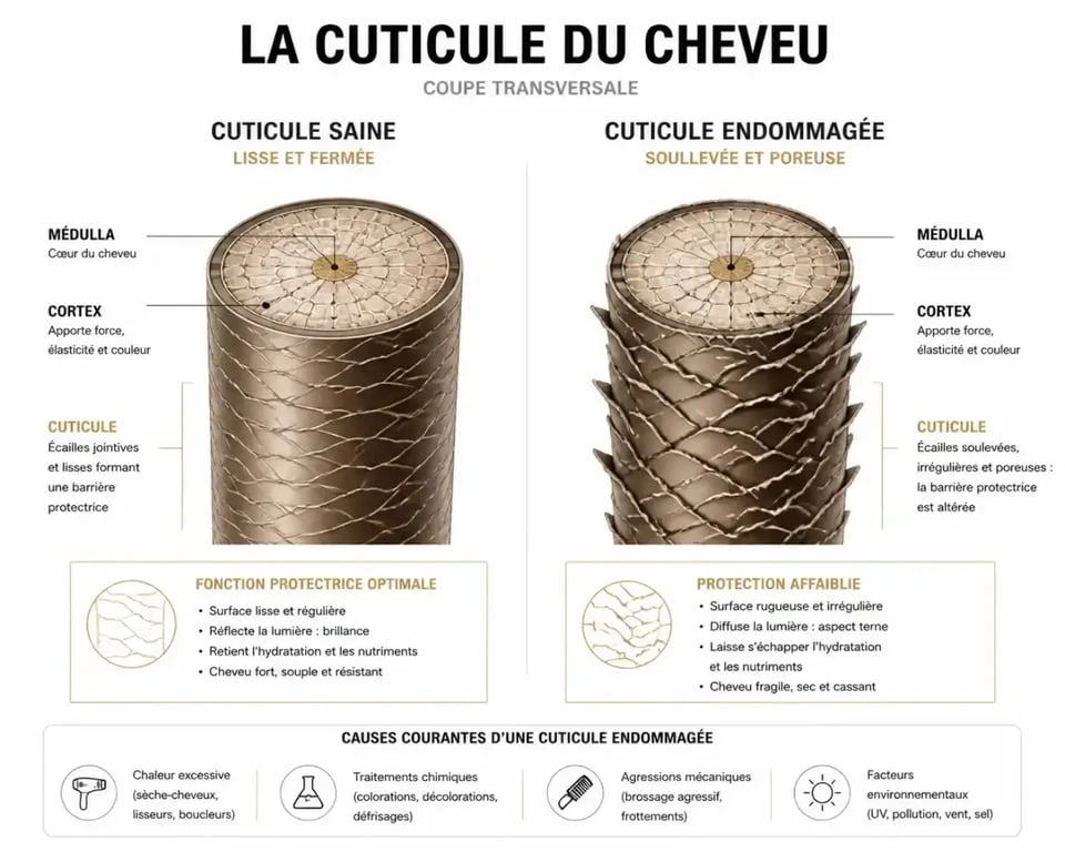 Schéma comparatif d'une cuticule de cheveu saine versus un cheveu terne et abîmé