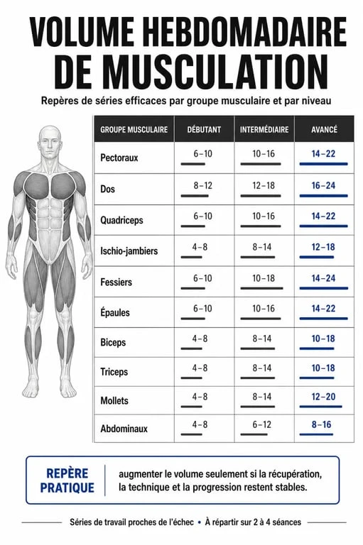Combien de série par muscle : infographie des volumes hebdomadaires par niveau et par groupe musculaire