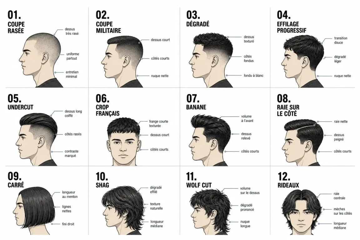 Coupe de cheveux nom : panorama illustré des principales coupes de cheveux avec leurs silhouettes et leurs noms