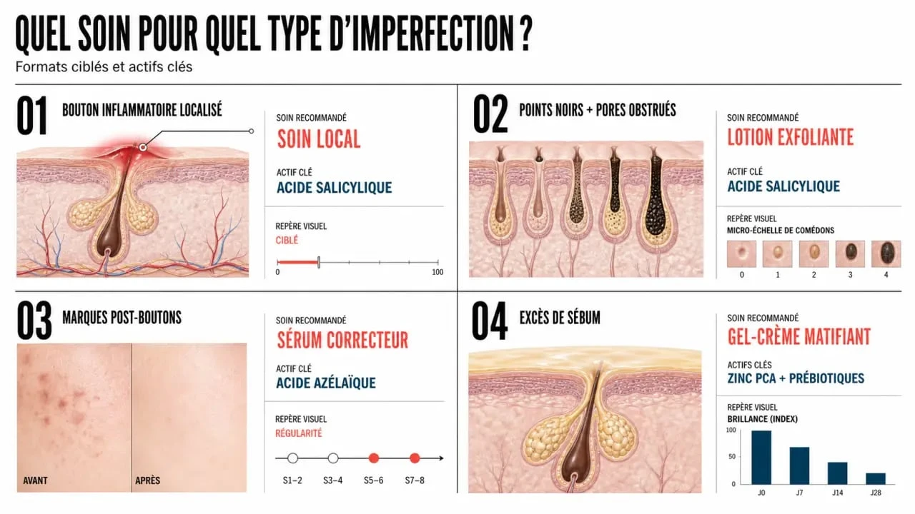 Soin bouton visage : tableau visuel des soins selon bouton inflammatoire, points noirs, marques post-boutons et excès de sébum