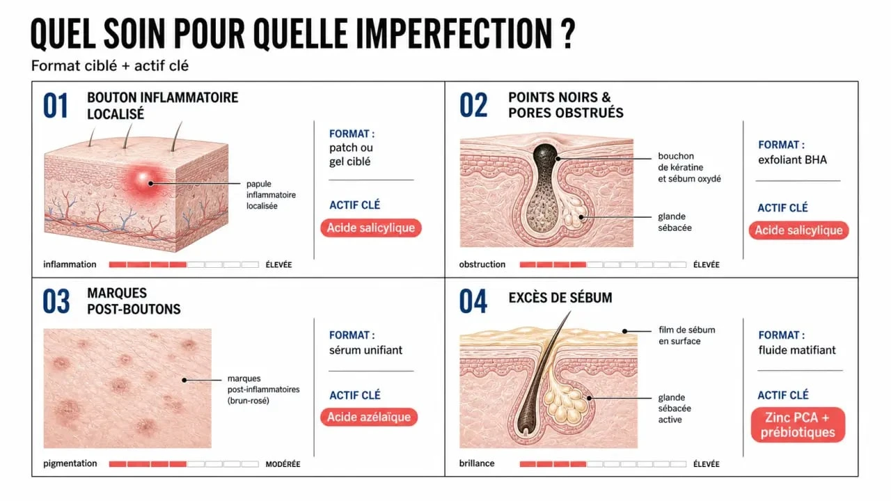 Soin bouton visage : tableau visuel des soins selon bouton inflammatoire, points noirs, marques post-boutons et excès de sébum