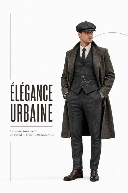 Costume Peaky Blinders homme porté en tenue complète avec casquette, gilet et manteau long