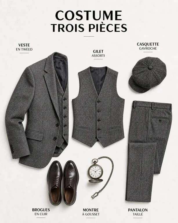 Costume Peaky Blinders homme présenté avec les pièces essentielles : costume 3 pièces, casquette et accessoires