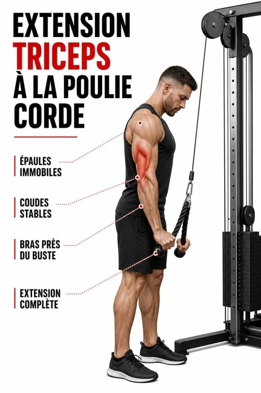 Séance bras muscu : exécution de l’extension triceps à la poulie