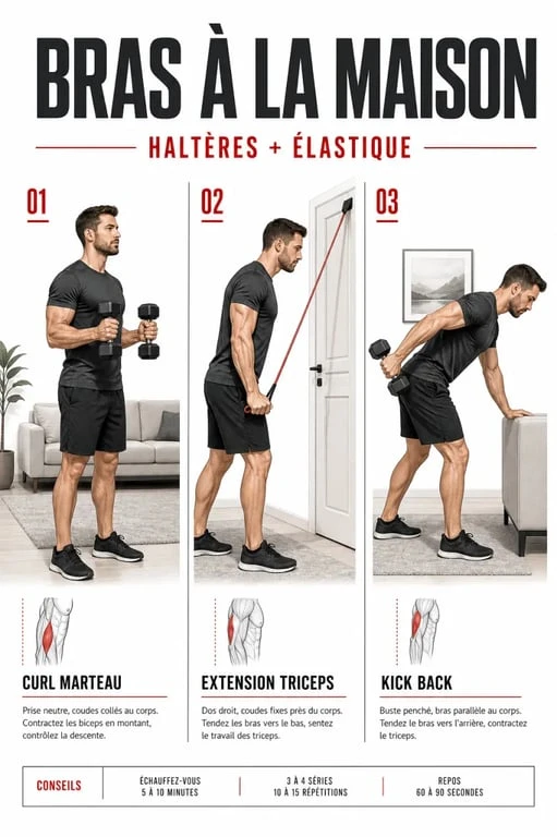 Séance bras muscu à la maison avec haltères et élastique