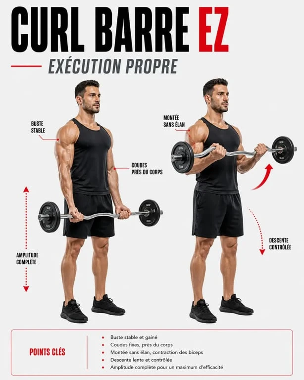 Séance bras muscu : exécution du curl barre EZ