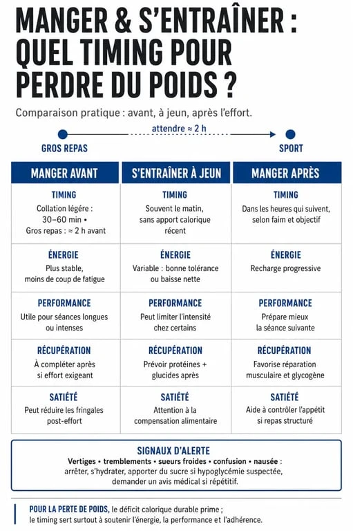 Infographie perte de poids manger avant ou apres le sport : comparaison entre avant, à jeun et après l’effort
