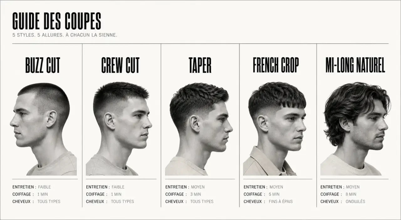 Coiffure homme simple : comparaison visuelle de cinq coupes faciles à entretenir