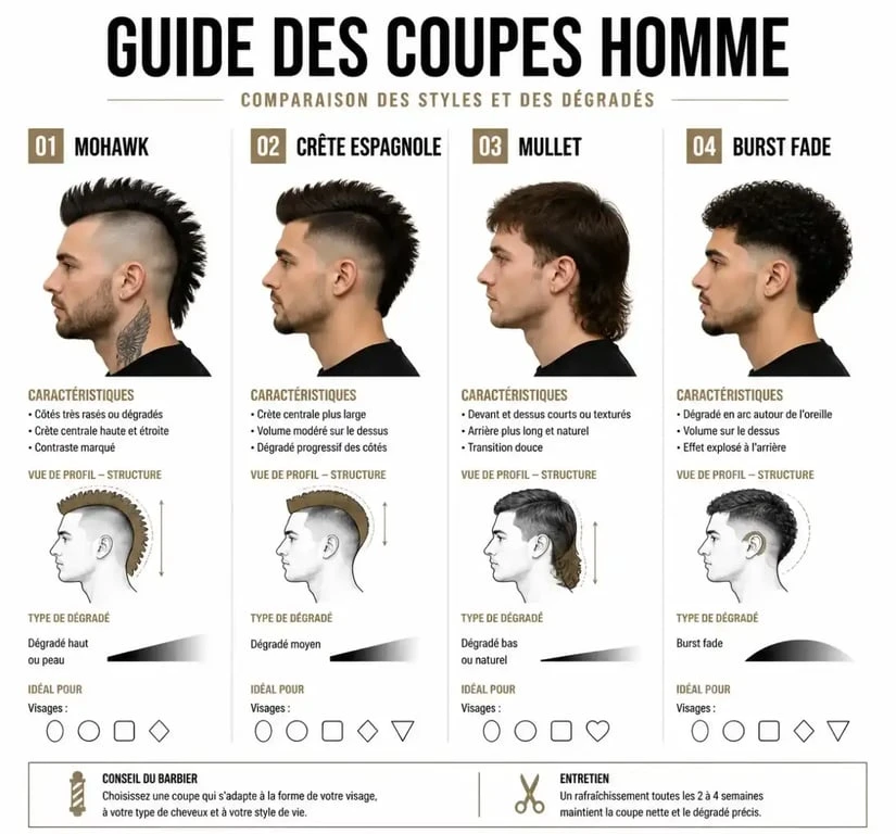 Comparatif visuel des coupes de cheveux : crête iroquoise, crête espagnole, mulet et burst fade