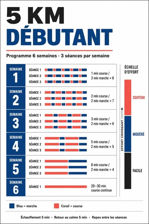 Programme entraînement 5 km débutant pdf avec progression sur 6 semaines et alternance marche-course