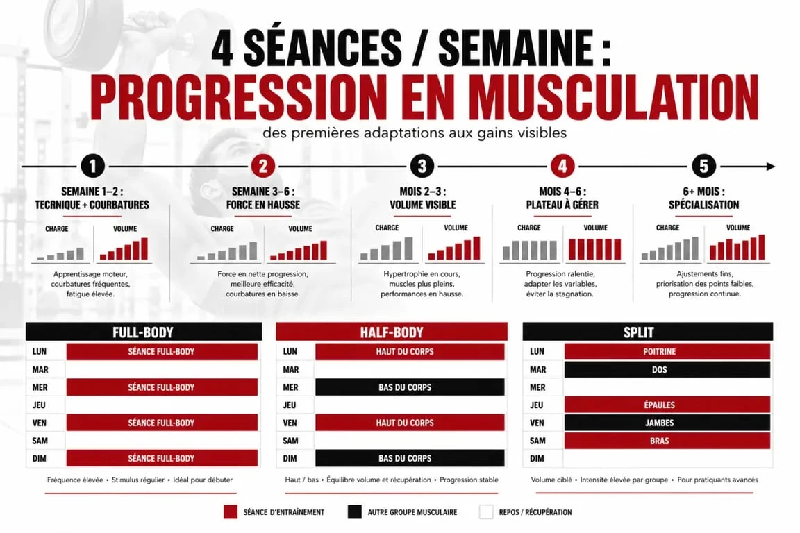 Musculation 4 fois par semaine resultat : frise de progression et comparatif des méthodes d’entraînement