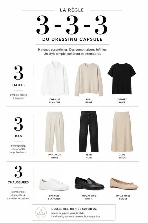 Infographie de la règle 3-3-3 pour optimiser sa routine matinale et créer un look élégant sans effort