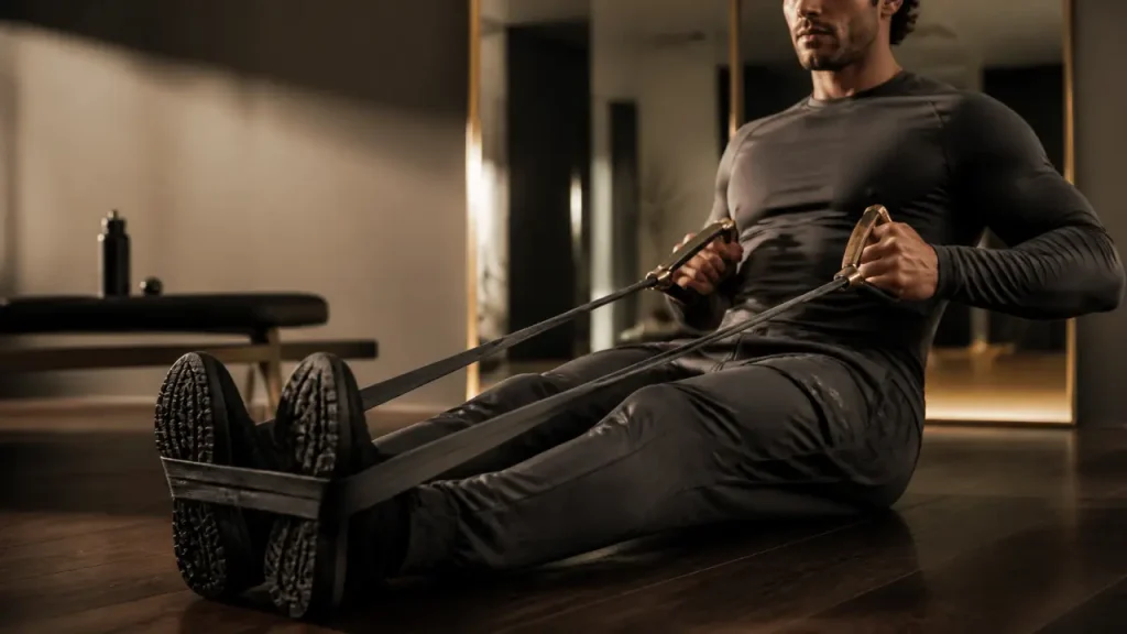 Musculation avec un elastique : homme fait un rowing