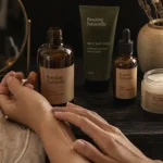 Routine soin visage naturel : kit minimal sur table bois
