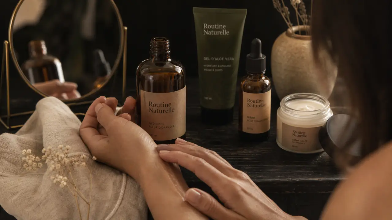 Routine soin visage naturel : kit minimal sur table bois