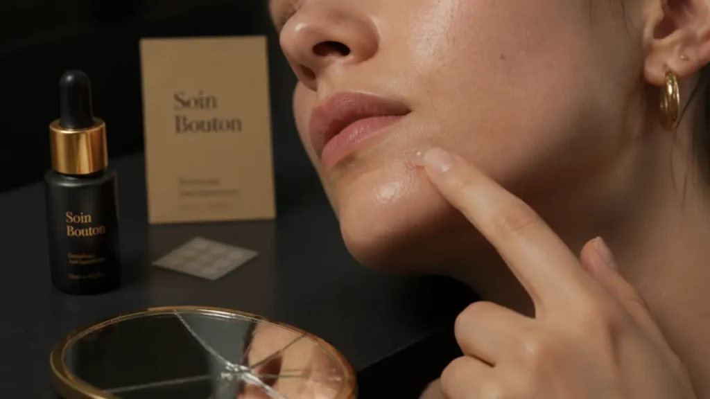 Soin bouton visage : application d’un sérum ciblé sur une imperfection