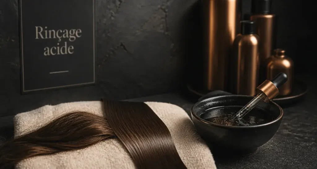 Soin cheveux ternes : mèche terne puis brillante après rinçage acide