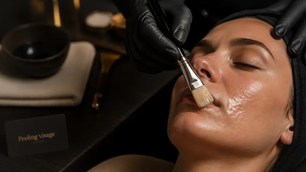 Soin du visage peeling : gel acide appliqué sur la joue, en institut