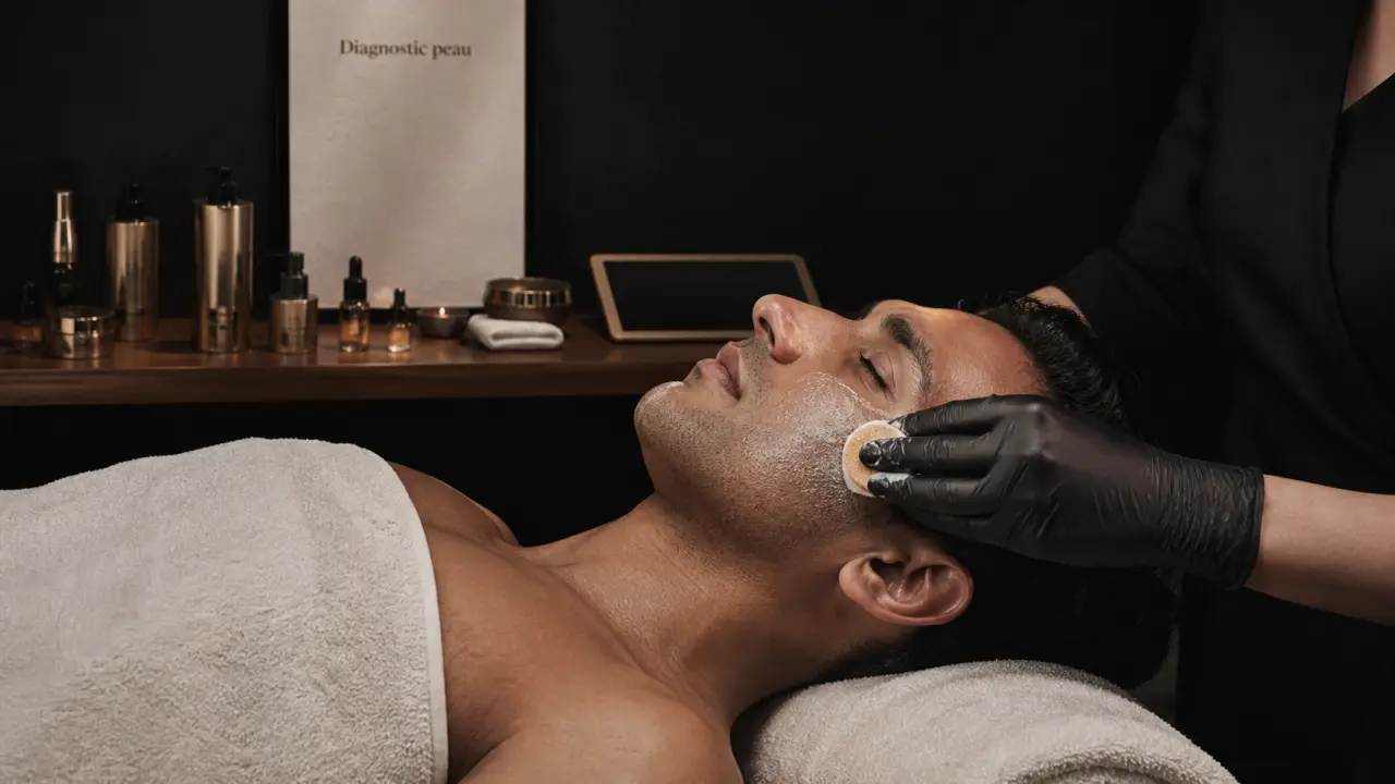 Soin du visage pour homme en institut, diagnostic peau en cabine